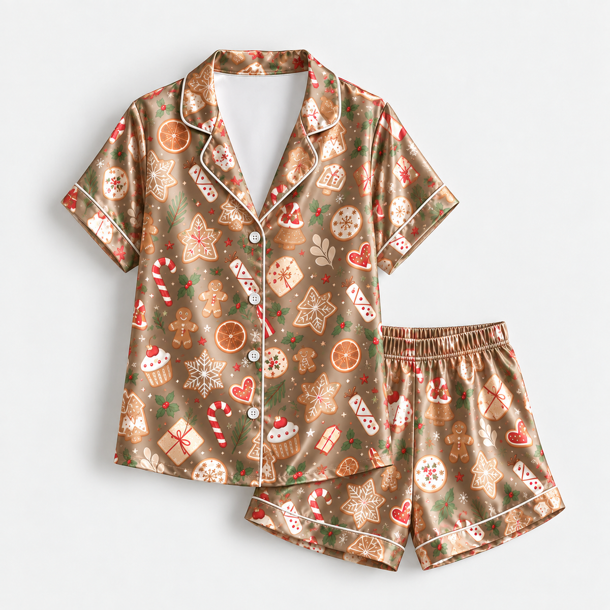 PJ-M2193-Christmas Cookie Satin Pajama Set with Gingerbread Candy Canes Cupcakes Hearts and Festive Holiday Treat Pattern for Cozy Sleepwear