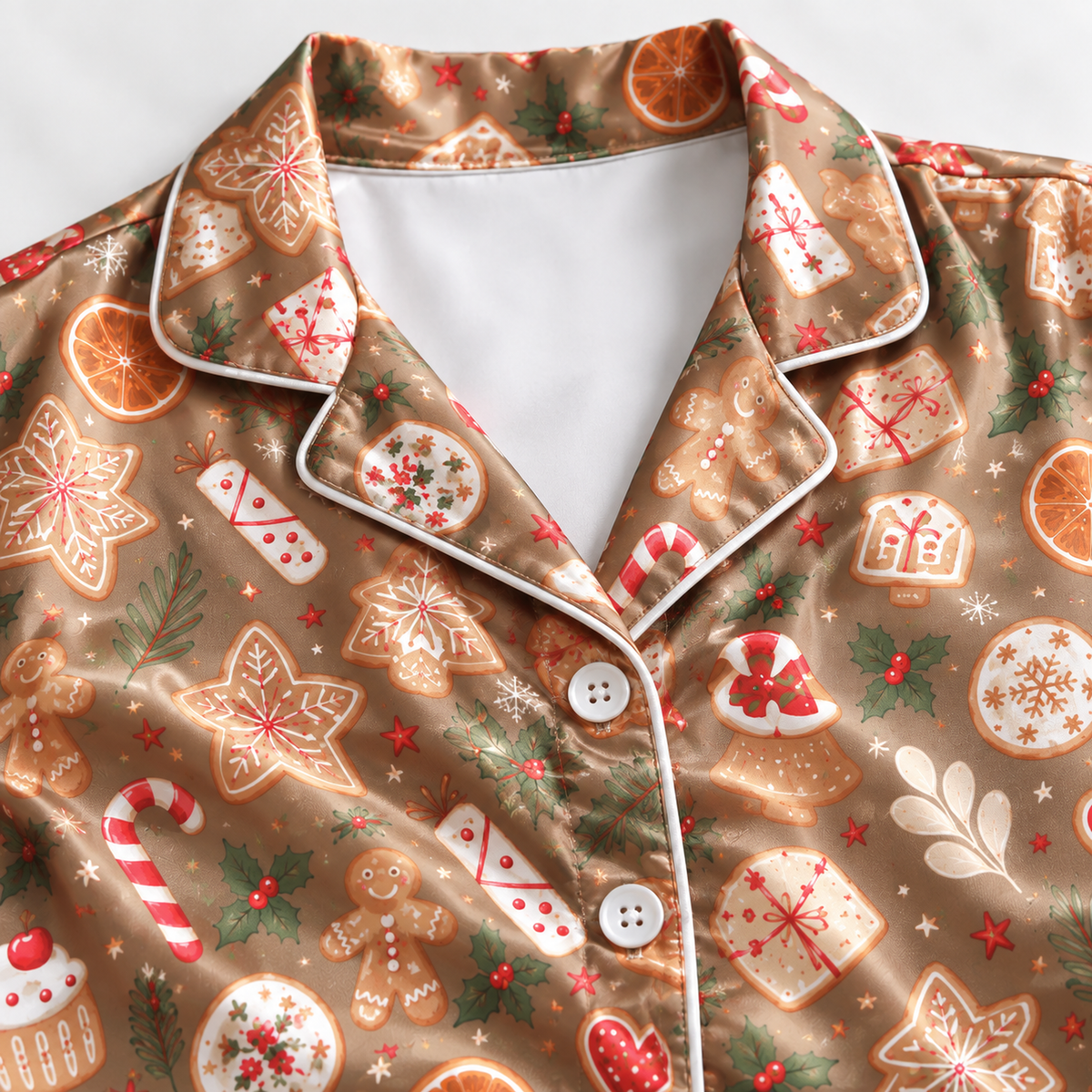 PJ-M2193-Christmas Cookie Satin Pajama Set with Gingerbread Candy Canes Cupcakes Hearts and Festive Holiday Treat Pattern for Cozy Sleepwear