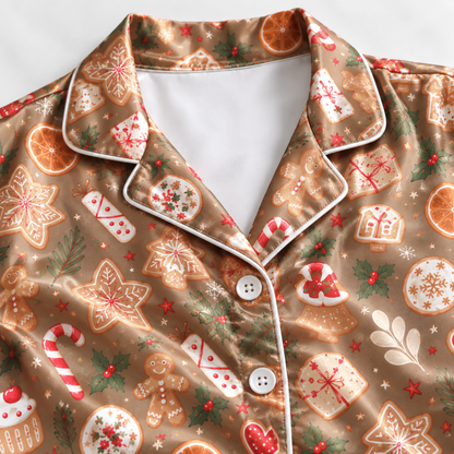 PJ-M2193-Christmas Cookie Satin Pajama Set with Gingerbread Candy Canes Cupcakes Hearts and Festive Holiday Treat Pattern for Cozy Sleepwear