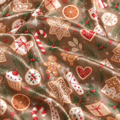 PJ-M2193-Christmas Cookie Satin Pajama Set with Gingerbread Candy Canes Cupcakes Hearts and Festive Holiday Treat Pattern for Cozy Sleepwear
