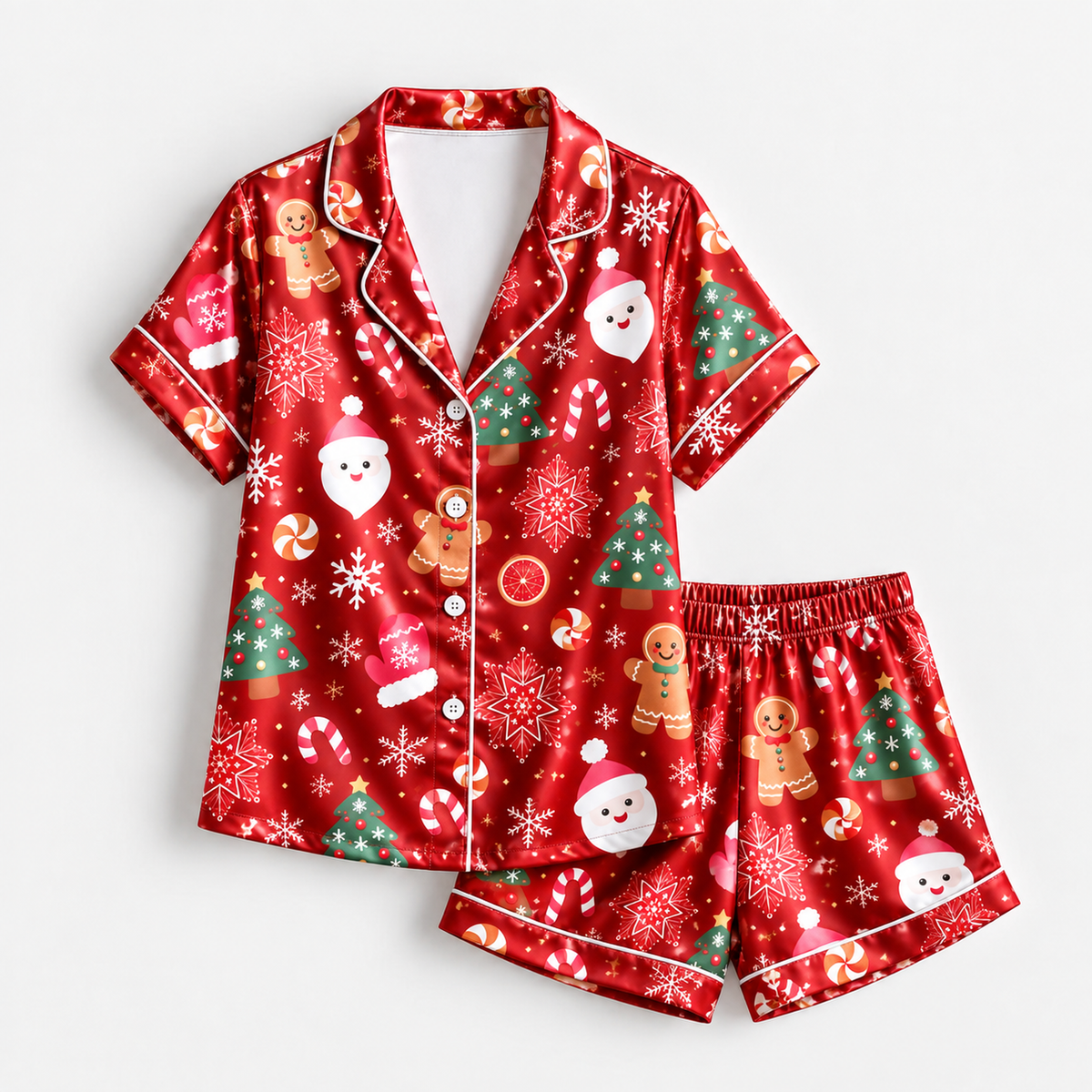 PJ-M2194-Santa Christmas Satin Pajama Set with Gingerbread Cookies Trees Candy Canes Snowflakes and Festive Holiday Pattern for Cozy Sleepwear