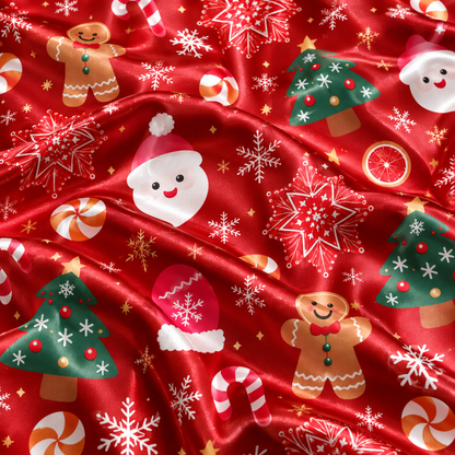 PJ-M2194-Santa Christmas Satin Pajama Set with Gingerbread Cookies Trees Candy Canes Snowflakes and Festive Holiday Pattern for Cozy Sleepwear