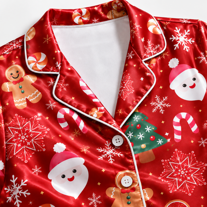 PJ-M2194-Santa Christmas Satin Pajama Set with Gingerbread Cookies Trees Candy Canes Snowflakes and Festive Holiday Pattern for Cozy Sleepwear