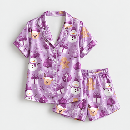 PJ-M2195-Purple Winter Satin Pajama Set with Snowmen Gingerbread Gifts Trees Snowflakes and Whimsical Holiday Pattern for Cozy Sleepwear