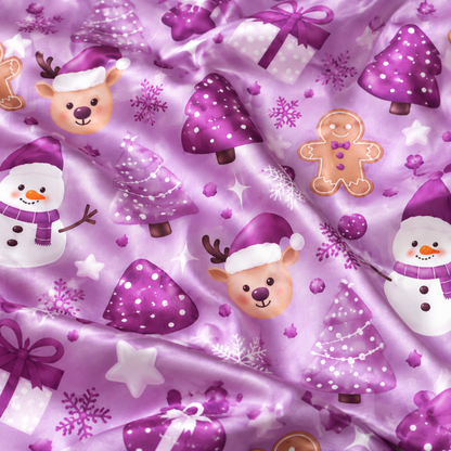 PJ-M2195-Purple Winter Satin Pajama Set with Snowmen Gingerbread Gifts Trees Snowflakes and Whimsical Holiday Pattern for Cozy Sleepwear