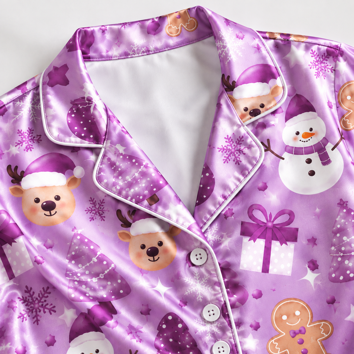 PJ-M2195-Purple Winter Satin Pajama Set with Snowmen Gingerbread Gifts Trees Snowflakes and Whimsical Holiday Pattern for Cozy Sleepwear