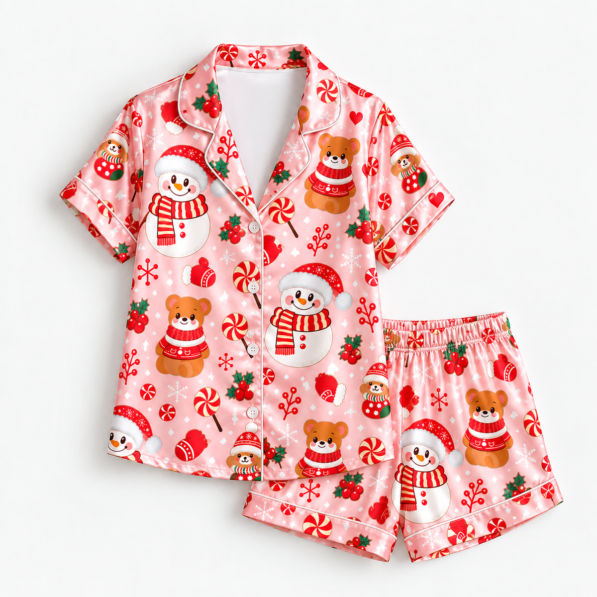 PJ-M2196-Snowman Christmas Satin Pajama Set with Teddy Bears Peppermints Holly Snowflakes and Playful Pink Holiday Pattern for Cozy Sleepwear