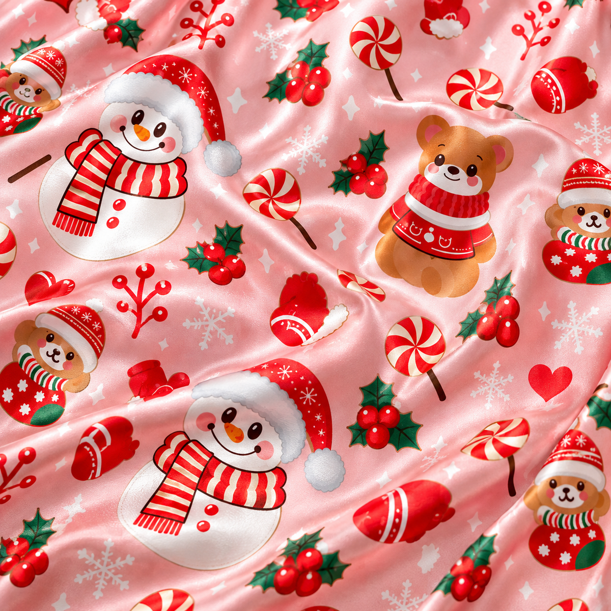 PJ-M2196-Snowman Christmas Satin Pajama Set with Teddy Bears Peppermints Holly Snowflakes and Playful Pink Holiday Pattern for Cozy Sleepwear