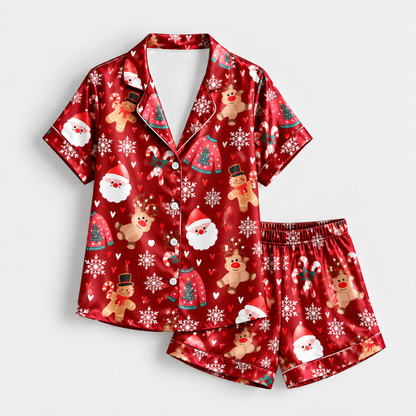 PJ-M2197-Red Christmas Satin Pajama Set with Santa Teddy Bears Snowflakes Candy Canes and Festive Holiday Pattern for Cozy Sleepwear