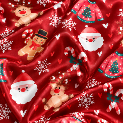 PJ-M2197-Red Christmas Satin Pajama Set with Santa Teddy Bears Snowflakes Candy Canes and Festive Holiday Pattern for Cozy Sleepwear