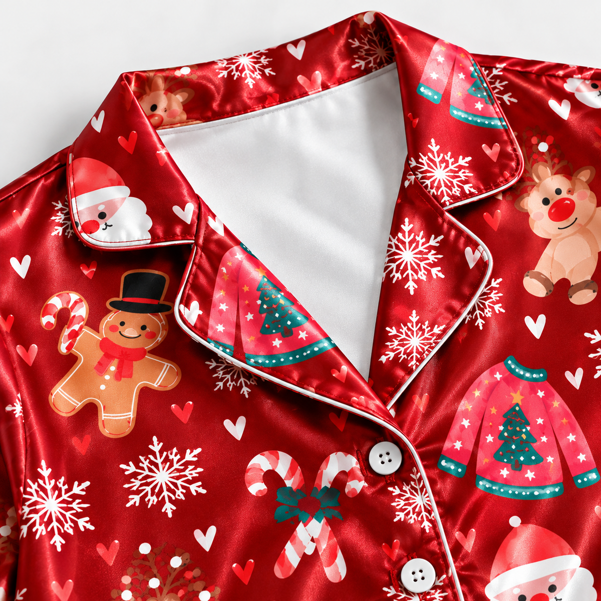 PJ-M2197-Red Christmas Satin Pajama Set with Santa Teddy Bears Snowflakes Candy Canes and Festive Holiday Pattern for Cozy Sleepwear