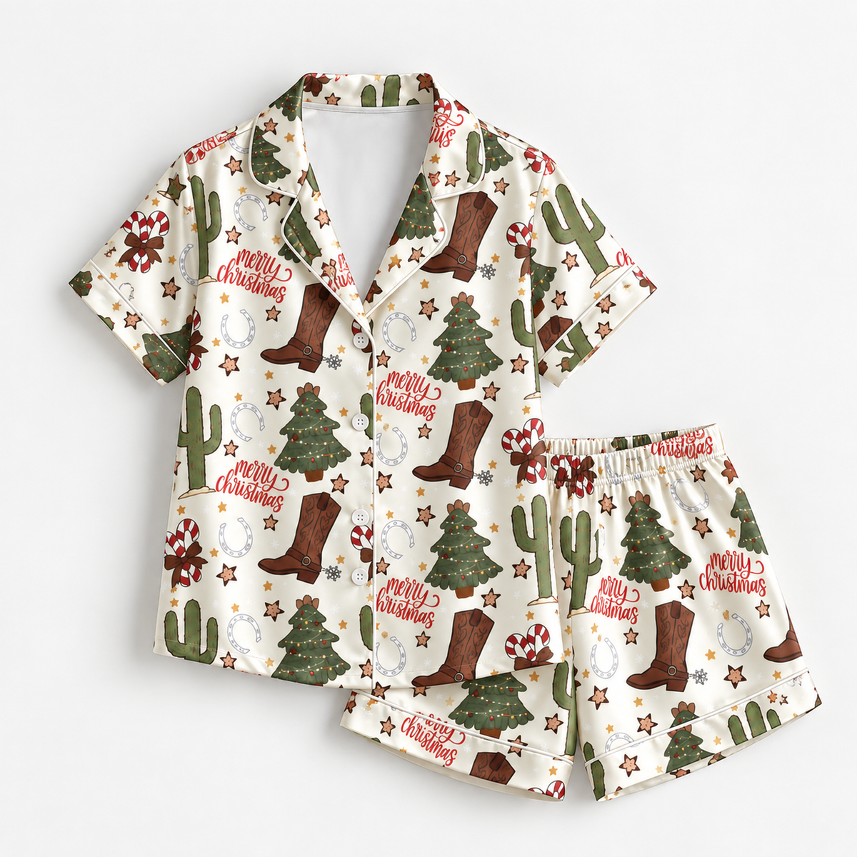 PJ-M2199-Western Christmas Satin Pajama Set with Cowboy Boots Cactus Trees Candy Canes Horseshoes and Rustic Holiday Pattern for Cozy Sleepwear