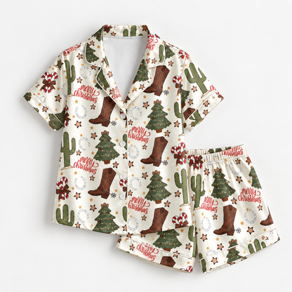 PJ-M2199-Western Christmas Satin Pajama Set with Cowboy Boots Cactus Trees Candy Canes Horseshoes and Rustic Holiday Pattern for Cozy Sleepwear