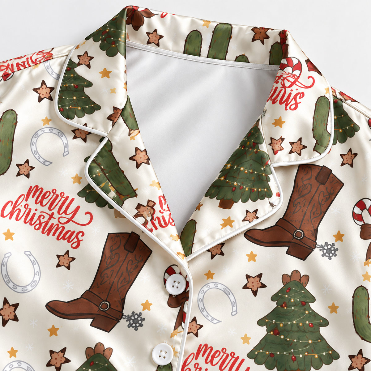 PJ-M2199-Western Christmas Satin Pajama Set with Cowboy Boots Cactus Trees Candy Canes Horseshoes and Rustic Holiday Pattern for Cozy Sleepwear