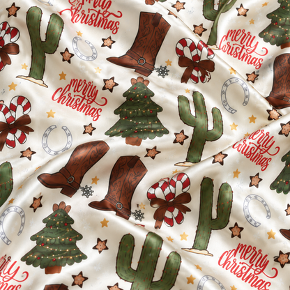 PJ-M2199-Western Christmas Satin Pajama Set with Cowboy Boots Cactus Trees Candy Canes Horseshoes and Rustic Holiday Pattern for Cozy Sleepwear