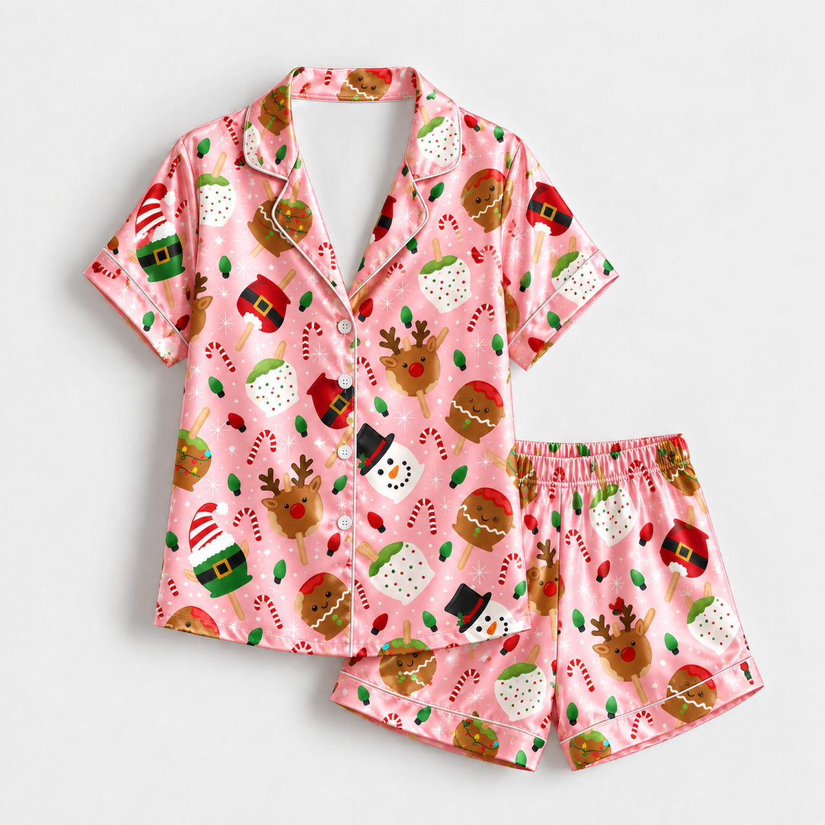 PJ-M2201-Pink Christmas Satin Pajama Set with Reindeer Snowmen Festive Hats Candy Canes and Playful Holiday Pattern for Cozy Sleepwear