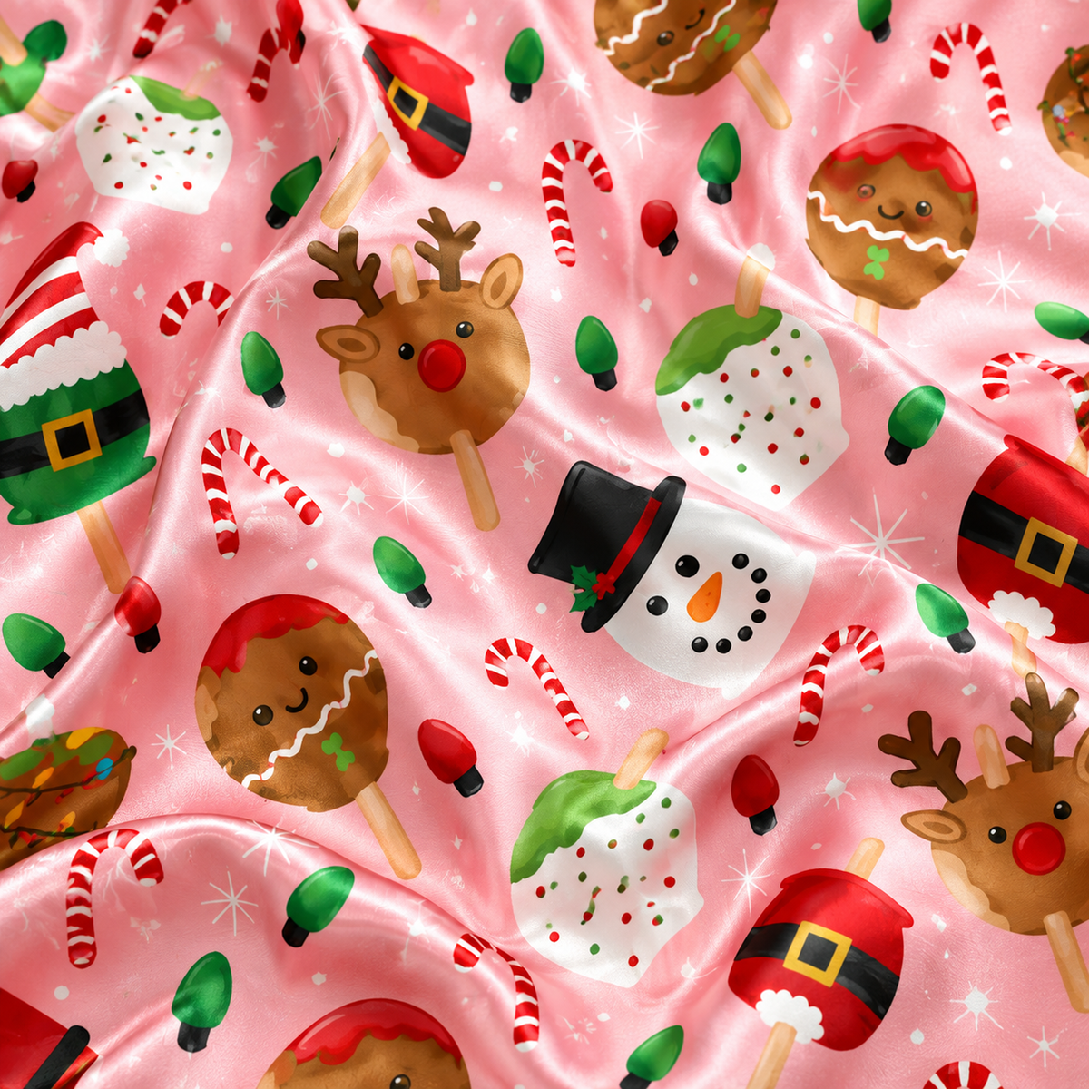 PJ-M2201-Pink Christmas Satin Pajama Set with Reindeer Snowmen Festive Hats Candy Canes and Playful Holiday Pattern for Cozy Sleepwear