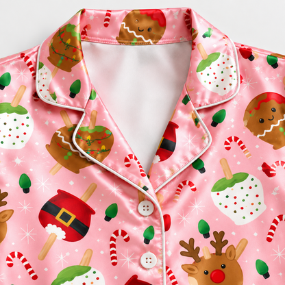 PJ-M2201-Pink Christmas Satin Pajama Set with Reindeer Snowmen Festive Hats Candy Canes and Playful Holiday Pattern for Cozy Sleepwear