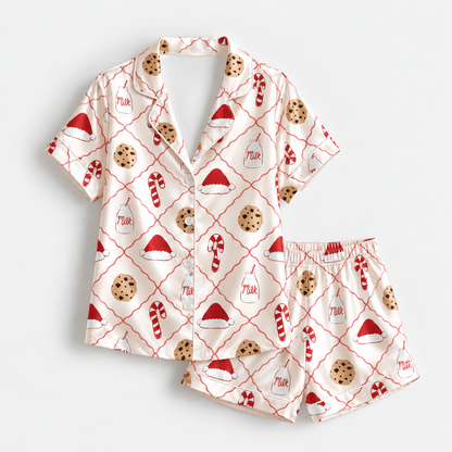 PJ-M2202-Cookies and Milk Christmas Satin Pajama Set with Santa Hats Candy Canes and Sweet Holiday Treat Pattern for Cozy Sleepwear