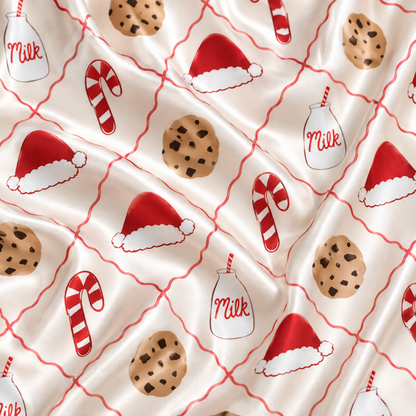 PJ-M2202-Cookies and Milk Christmas Satin Pajama Set with Santa Hats Candy Canes and Sweet Holiday Treat Pattern for Cozy Sleepwear