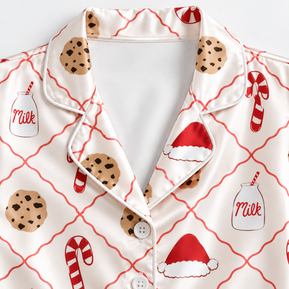 PJ-M2202-Cookies and Milk Christmas Satin Pajama Set with Santa Hats Candy Canes and Sweet Holiday Treat Pattern for Cozy Sleepwear