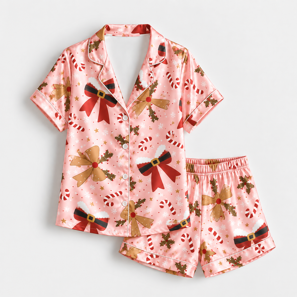 PJ-M2203-Pink Christmas Bow Satin Pajama Set with Candy Canes Holly Snowflakes and Festive Holiday Pattern for Cozy Sleepwear