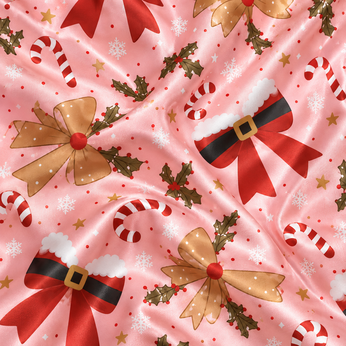 PJ-M2203-Pink Christmas Bow Satin Pajama Set with Candy Canes Holly Snowflakes and Festive Holiday Pattern for Cozy Sleepwear