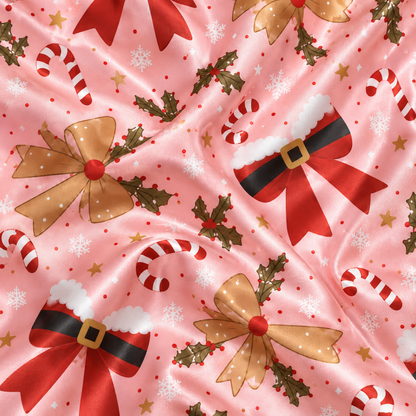 PJ-M2203-Pink Christmas Bow Satin Pajama Set with Candy Canes Holly Snowflakes and Festive Holiday Pattern for Cozy Sleepwear