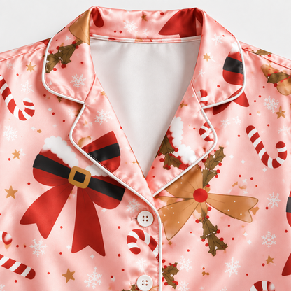 PJ-M2203-Pink Christmas Bow Satin Pajama Set with Candy Canes Holly Snowflakes and Festive Holiday Pattern for Cozy Sleepwear