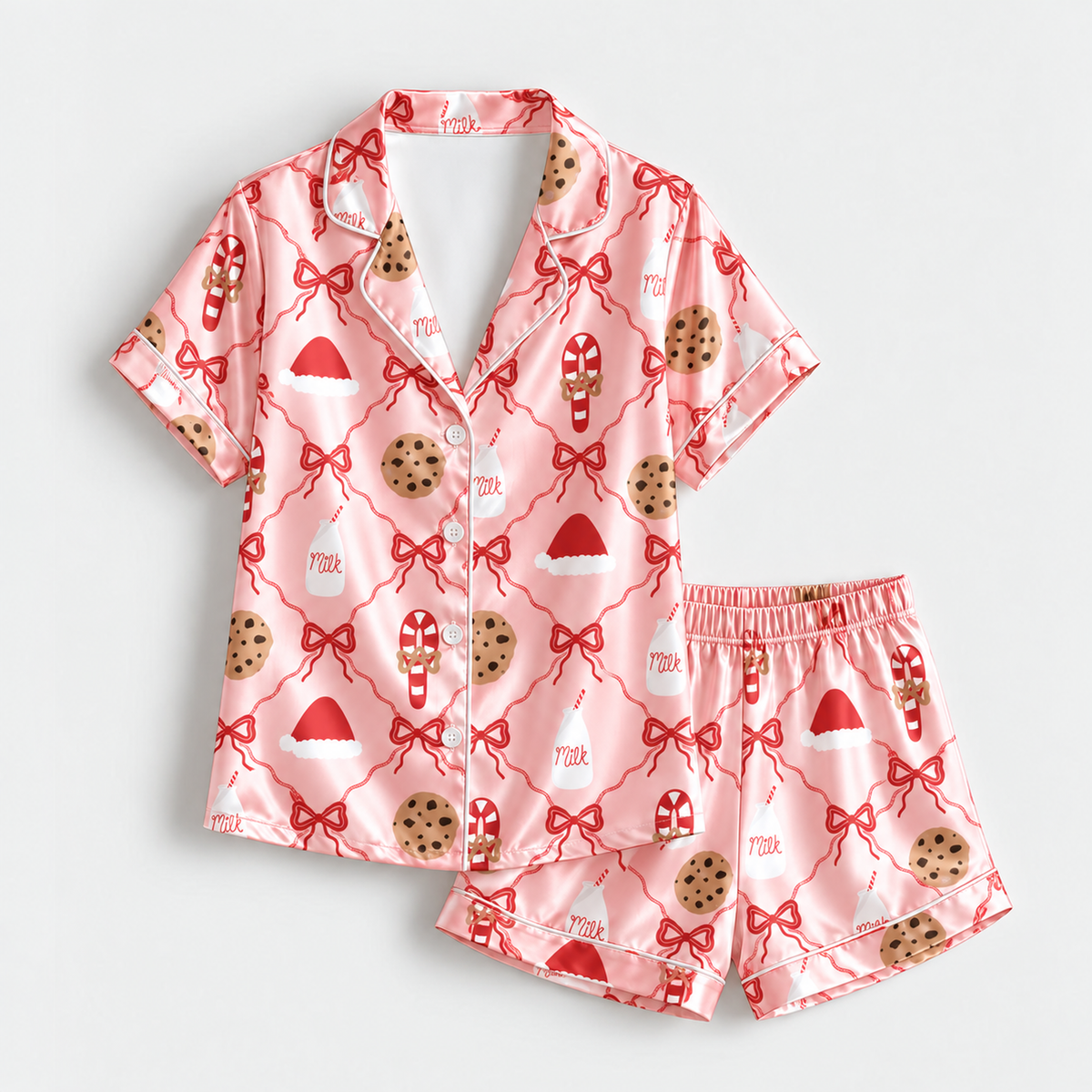 PJ-M2204-Cookies and Milk Christmas Satin Pajama Set with Red Bows Santa Hats Candy Canes and Sweet Holiday Pattern for Cozy Sleepwear