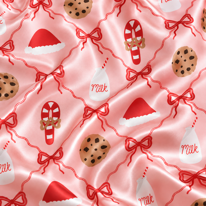 PJ-M2204-Cookies and Milk Christmas Satin Pajama Set with Red Bows Santa Hats Candy Canes and Sweet Holiday Pattern for Cozy Sleepwear
