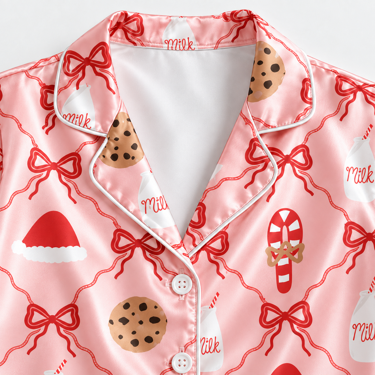 PJ-M2204-Cookies and Milk Christmas Satin Pajama Set with Red Bows Santa Hats Candy Canes and Sweet Holiday Pattern for Cozy Sleepwear