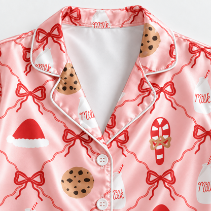 PJ-M2204-Cookies and Milk Christmas Satin Pajama Set with Red Bows Santa Hats Candy Canes and Sweet Holiday Pattern for Cozy Sleepwear