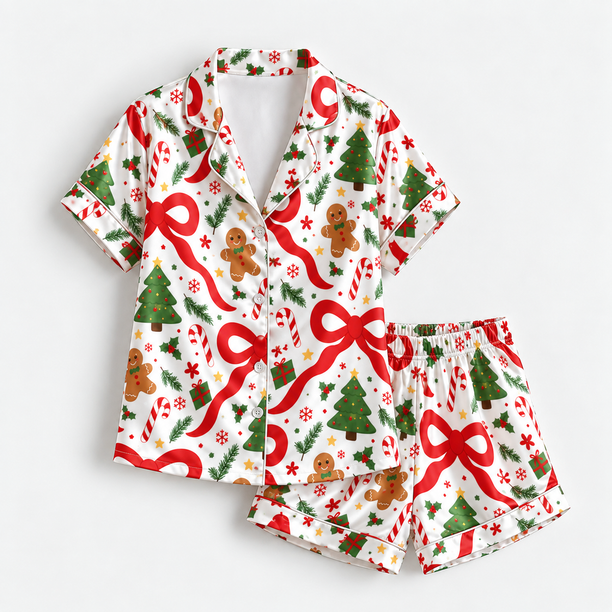 PJ-M2205-Christmas Bow Satin Pajama Set with Gingerbread Cookies Trees Candy Canes Snowflakes and Festive Holiday Pattern for Cozy Sleepwear