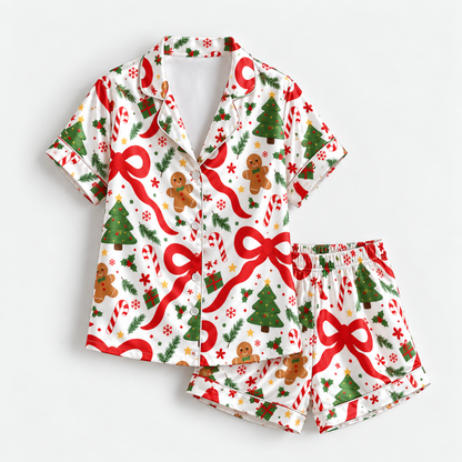 PJ-M2205-Christmas Bow Satin Pajama Set with Gingerbread Cookies Trees Candy Canes Snowflakes and Festive Holiday Pattern for Cozy Sleepwear