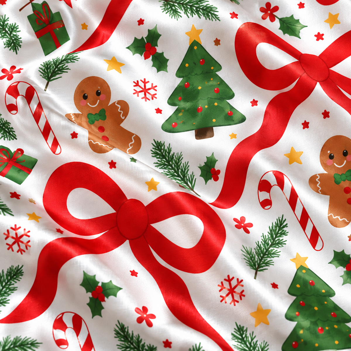 PJ-M2205-Christmas Bow Satin Pajama Set with Gingerbread Cookies Trees Candy Canes Snowflakes and Festive Holiday Pattern for Cozy Sleepwear