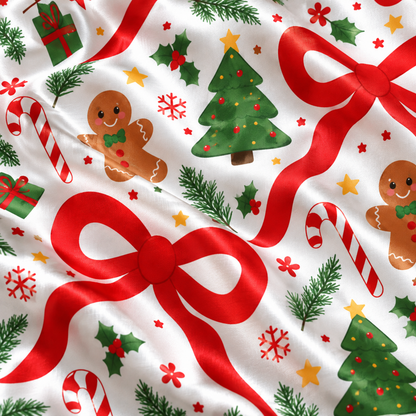 PJ-M2205-Christmas Bow Satin Pajama Set with Gingerbread Cookies Trees Candy Canes Snowflakes and Festive Holiday Pattern for Cozy Sleepwear