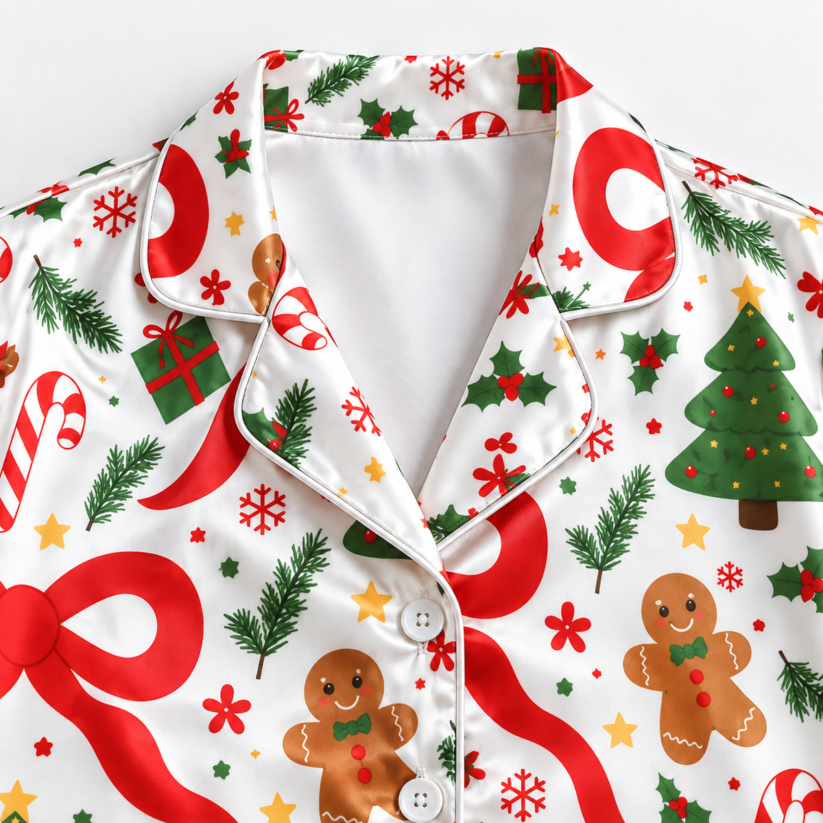 PJ-M2205-Christmas Bow Satin Pajama Set with Gingerbread Cookies Trees Candy Canes Snowflakes and Festive Holiday Pattern for Cozy Sleepwear