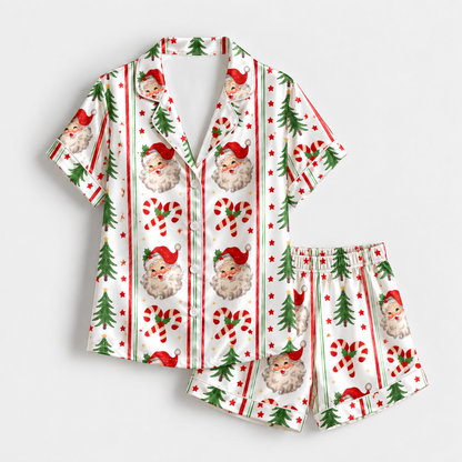 PJ-M2206-Vintage Santa Satin Pajama Set with Candy Canes Christmas Trees Stars and Classic Holiday Stripe Pattern for Cozy Sleepwear