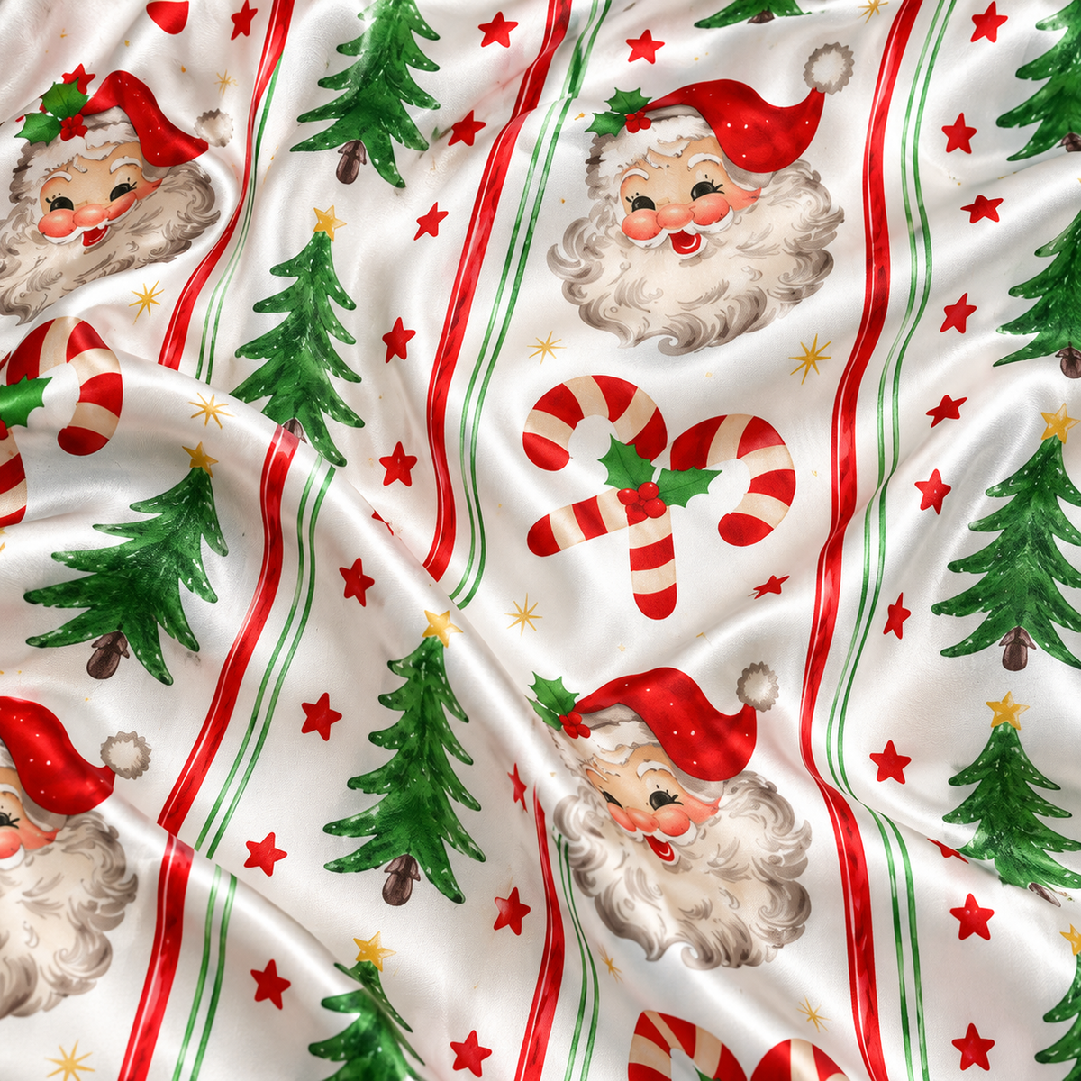 PJ-M2206-Vintage Santa Satin Pajama Set with Candy Canes Christmas Trees Stars and Classic Holiday Stripe Pattern for Cozy Sleepwear
