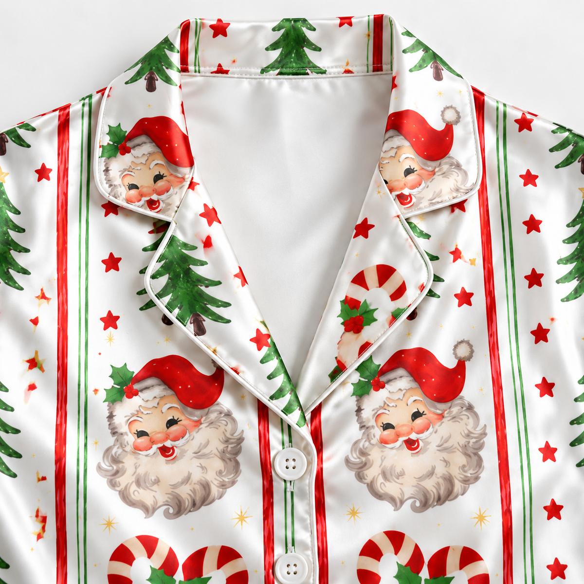 PJ-M2206-Vintage Santa Satin Pajama Set with Candy Canes Christmas Trees Stars and Classic Holiday Stripe Pattern for Cozy Sleepwear