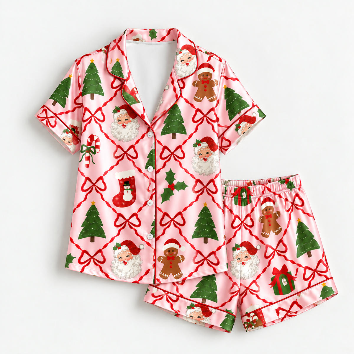 PJ-M2207-Christmas Bow Satin Pajama Set with Santa Gingerbread Trees Stockings and Festive Pink Holiday Pattern for Cozy Sleepwear
