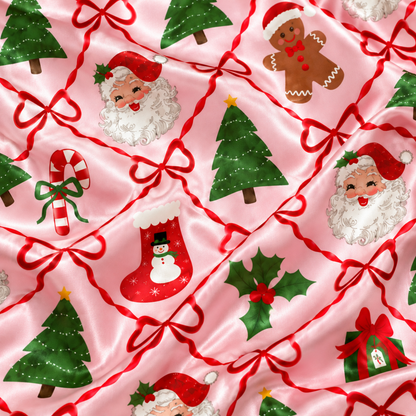 PJ-M2207-Christmas Bow Satin Pajama Set with Santa Gingerbread Trees Stockings and Festive Pink Holiday Pattern for Cozy Sleepwear