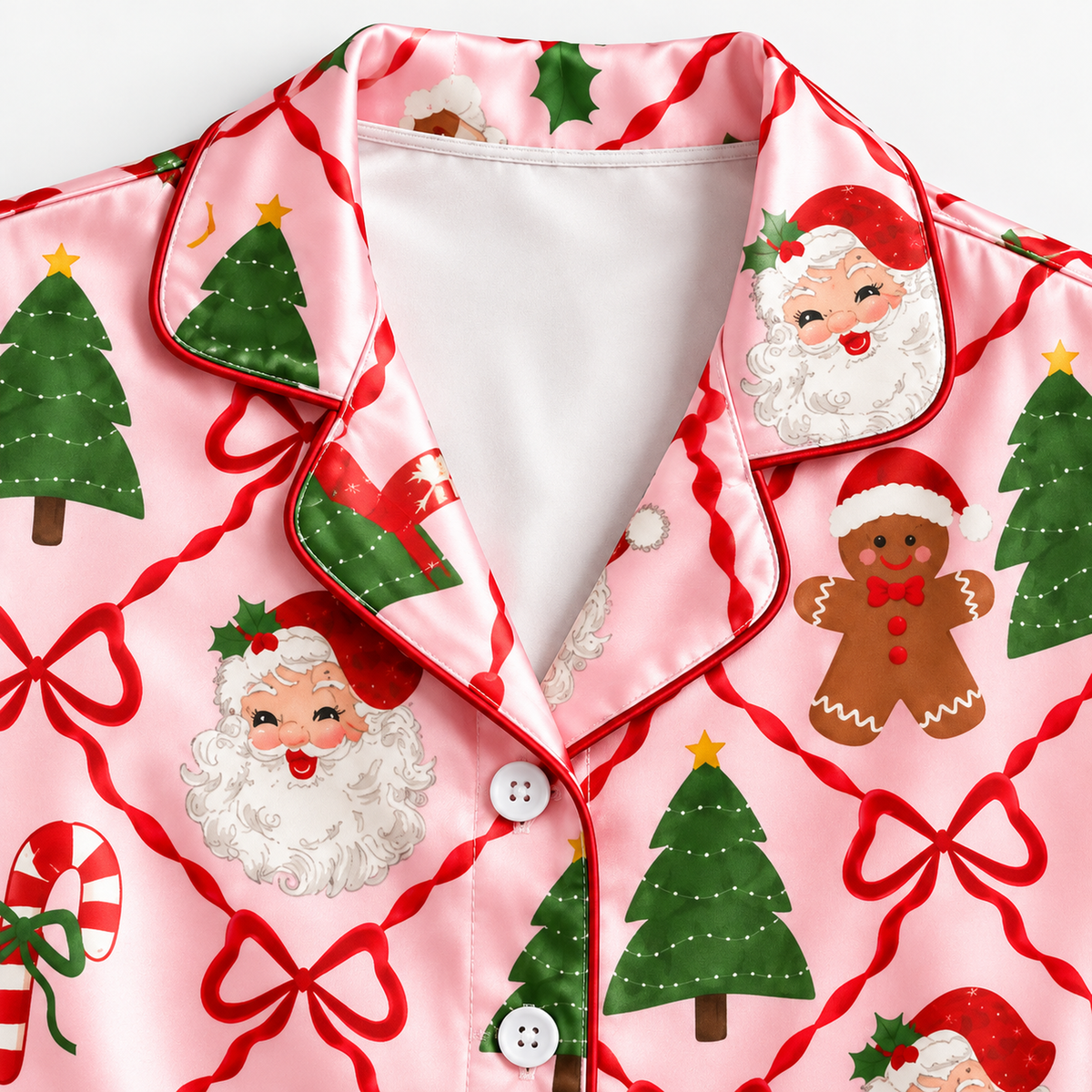PJ-M2207-Christmas Bow Satin Pajama Set with Santa Gingerbread Trees Stockings and Festive Pink Holiday Pattern for Cozy Sleepwear