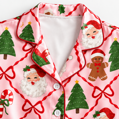 PJ-M2207-Christmas Bow Satin Pajama Set with Santa Gingerbread Trees Stockings and Festive Pink Holiday Pattern for Cozy Sleepwear