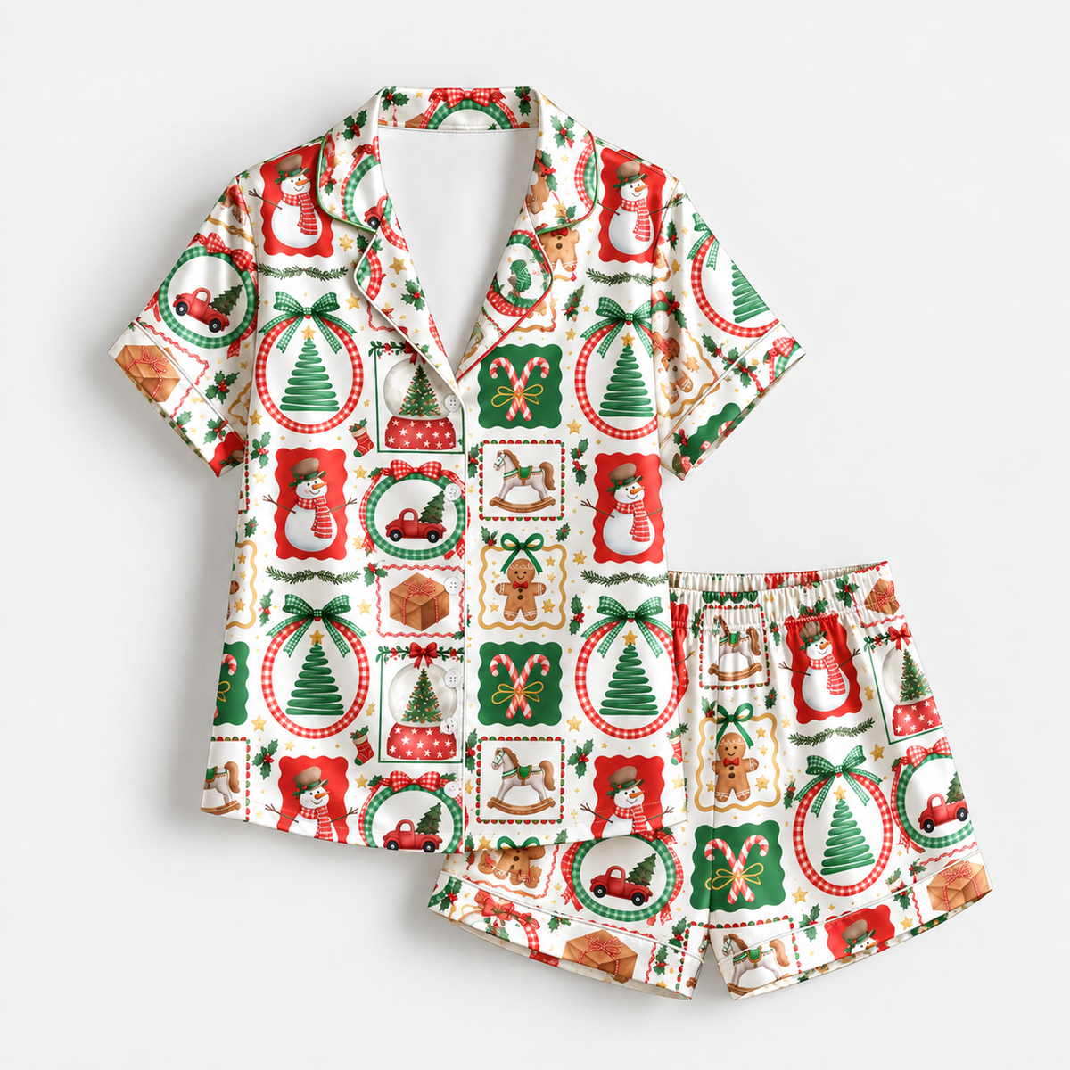PJ-M2208-Vintage Christmas Satin Pajama Set with Snowmen Trees Gingerbread Rocking Horses and Festive Ornament Pattern for Cozy Sleepwear
