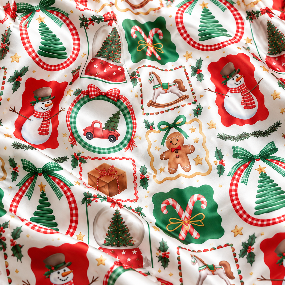 PJ-M2208-Vintage Christmas Satin Pajama Set with Snowmen Trees Gingerbread Rocking Horses and Festive Ornament Pattern for Cozy Sleepwear