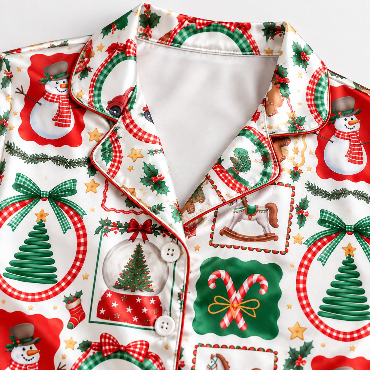 PJ-M2208-Vintage Christmas Satin Pajama Set with Snowmen Trees Gingerbread Rocking Horses and Festive Ornament Pattern for Cozy Sleepwear