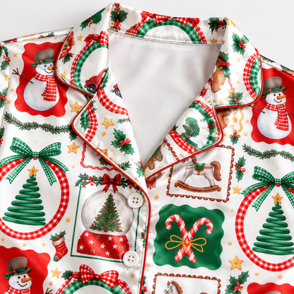 PJ-M2208-Vintage Christmas Satin Pajama Set with Snowmen Trees Gingerbread Rocking Horses and Festive Ornament Pattern for Cozy Sleepwear