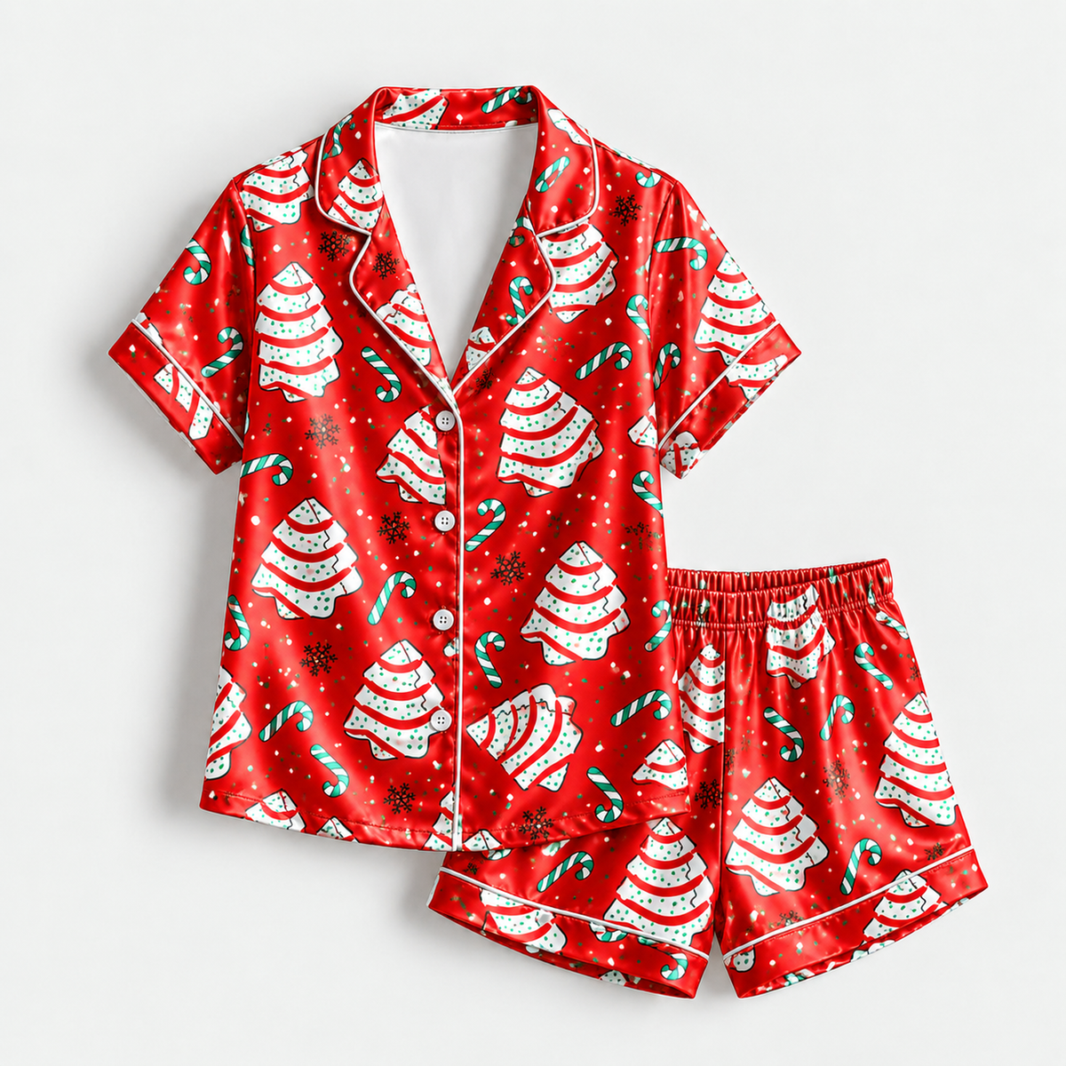 PJ-M2210-Christmas Tree Satin Pajama Set with Candy Canes Snowflakes and Festive Red Holiday Pattern for Cozy Sleepwear